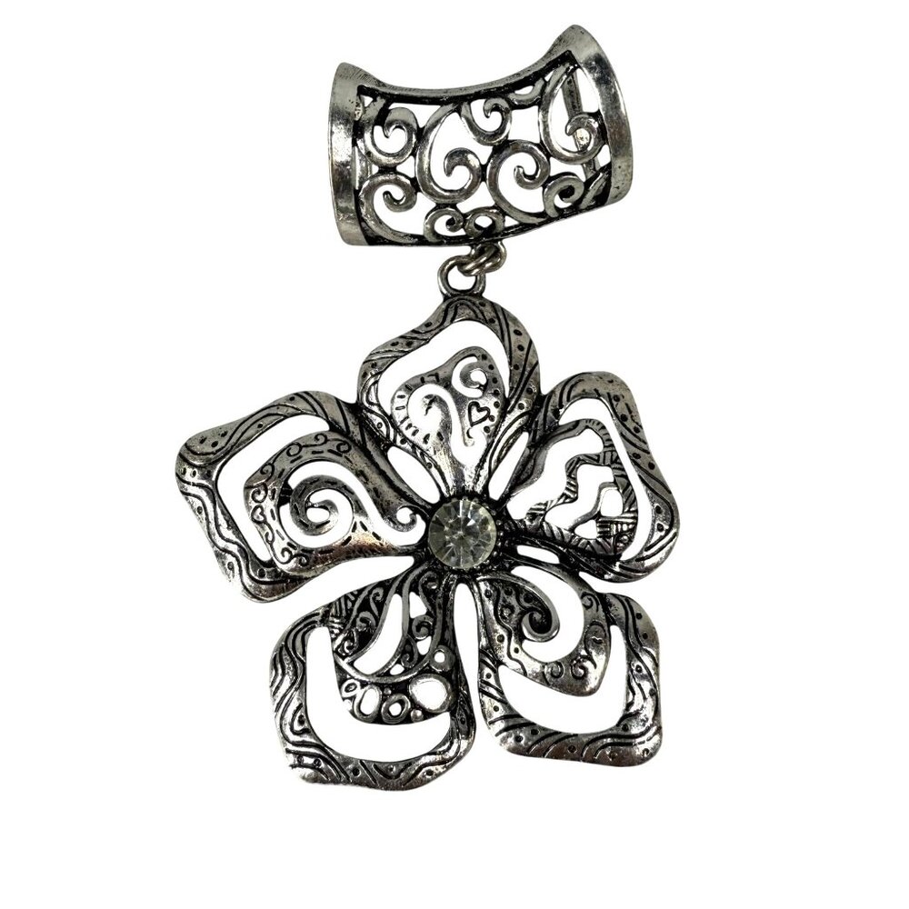 Antique Silver-Tone Floral Pendant Intricate Scrollwork & Rhinestone Centerpiece